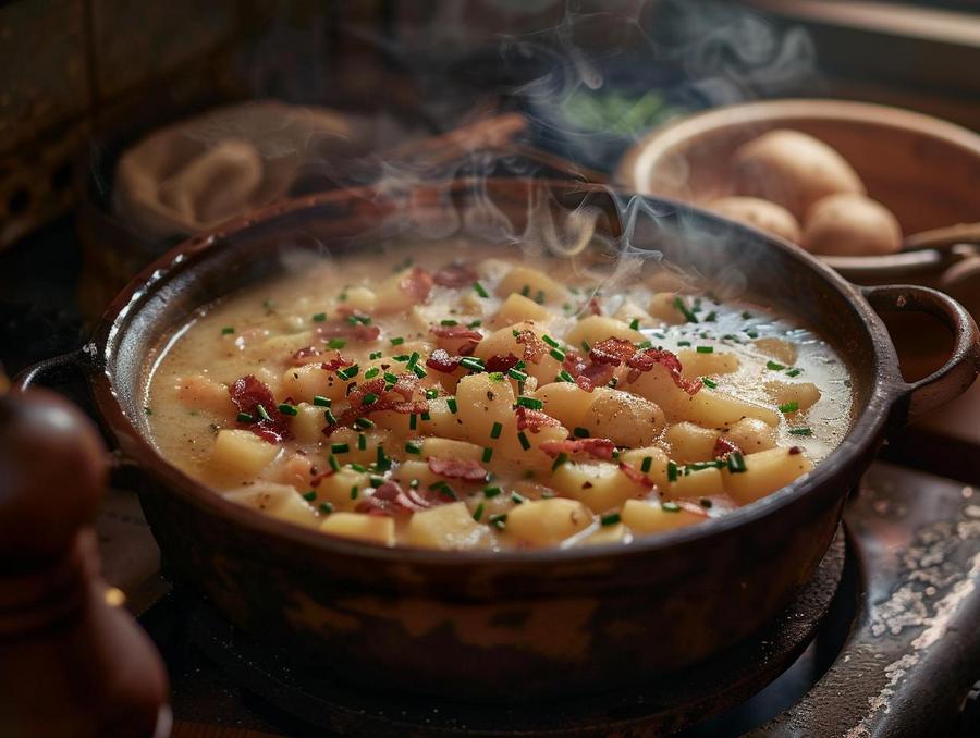 "Step-by-step guide for making outback potato soup recipe: cooking and serving process."