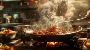 Alt text: Ingredients for a spicy Korean pork recipe being gathered on a table.