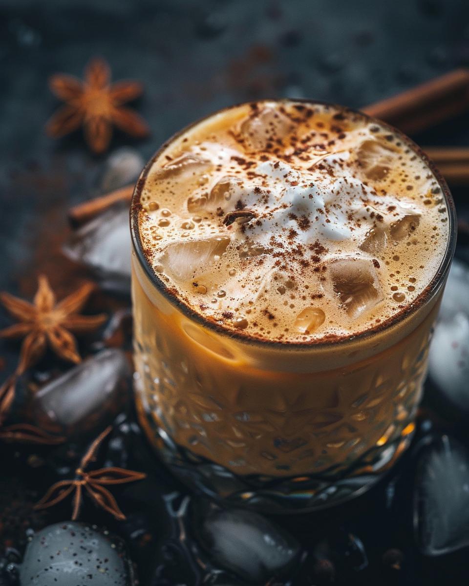 "Step-by-step preparation for iced pumpkin chai latte Starbucks recipe on a kitchen counter."