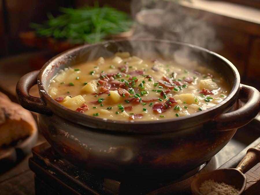 Alt text: "Cooking Outback potato soup recipe in a kitchen, ingredients laid out."