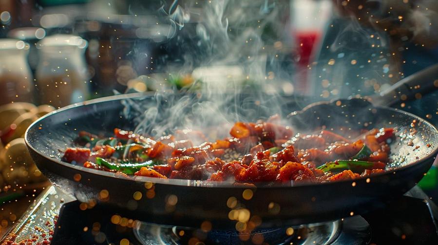 Alt text: "A woman preparing delicious spicy Korean pork recipe with fresh ingredients."