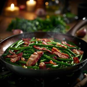 Alt text: Ingredients for delicious green bean bacon recipe with fresh produce.