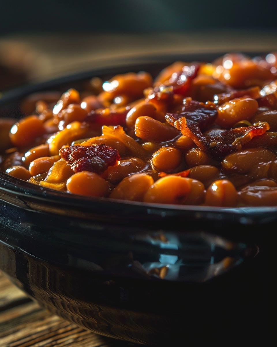 "Step-by-step recipe for Grandma Browns baked beans in a rustic kitchen setting."