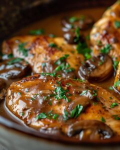 "Ina Garten chicken marsala recipe demonstration on a well-equipped kitchen counter."