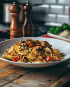 "Chef preparing a flavorful chipotle chicken pasta recipe in kitchen."