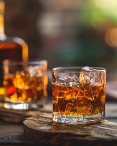 "Person crafting a homemade bourbon recipe with essential ingredients on a rustic table."