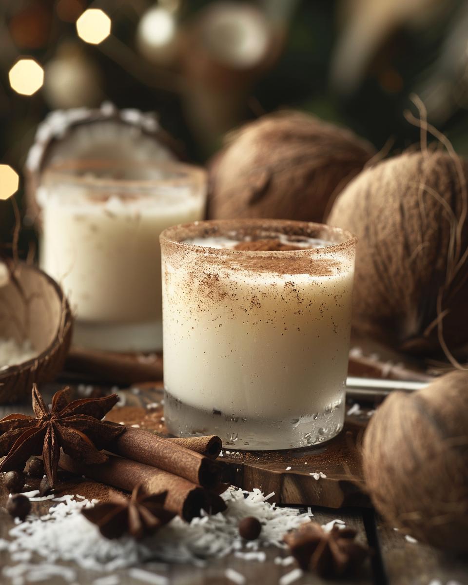 "Coquito recipe with tea ingredients laid out, showcasing accessibility and necessary tools for preparation."