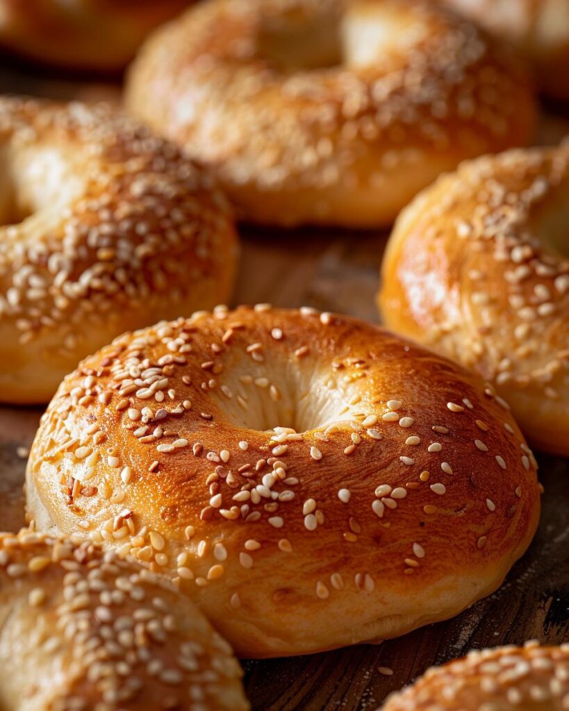 "Freshly baked sourdough bagels on a wooden board - sourdough bagel recipe guide"