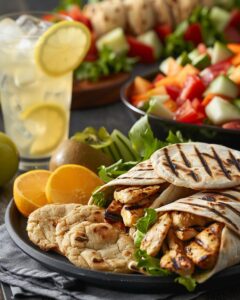 "Assorted lunch ideas for teens featuring sandwiches, fruits, and snacks on counter."