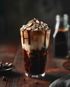 "Barista pouring Chick Fil A mocha cold brew coffee into a cup."