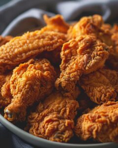 "Plate of crispy air fryer KFC chicken, resembling traditional KFC style."