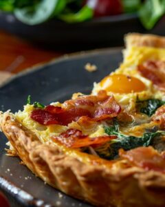 Homemade breakfast quiche recipe with ham, cheese, and spinach on a wooden table.