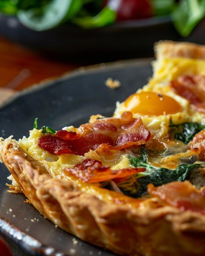 Homemade breakfast quiche recipe with ham, cheese, and spinach on a wooden table.