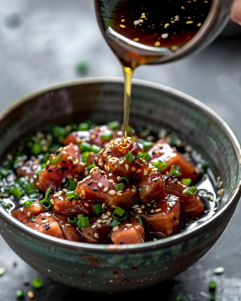 "Chef preparing a poke bowl with fresh ingredients and homemade poke sauce recipe."