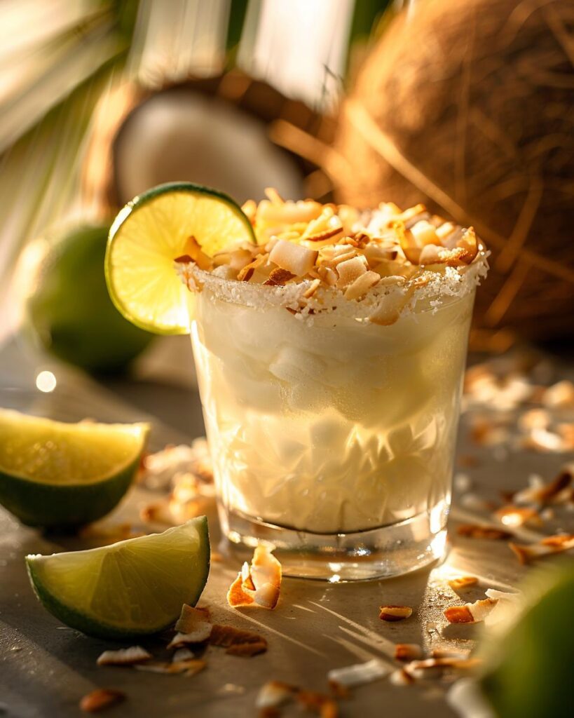 Tropical coconut margarita recipe served in a glass with lime garnish and salted rim.