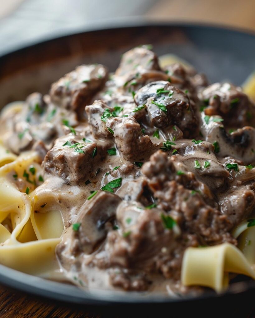 Chef presenting hamburger stroganoff recipe, showcasing ingredients and essential kitchen tools.