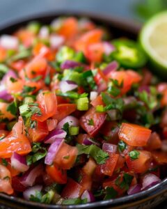 Colorful bowl of homemade salsa with fresh veggies, perfect for an easy salsa recipe.