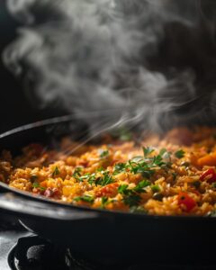 "Simple ingredients for an easy Spanish rice recipe displayed in a kitchen setup."