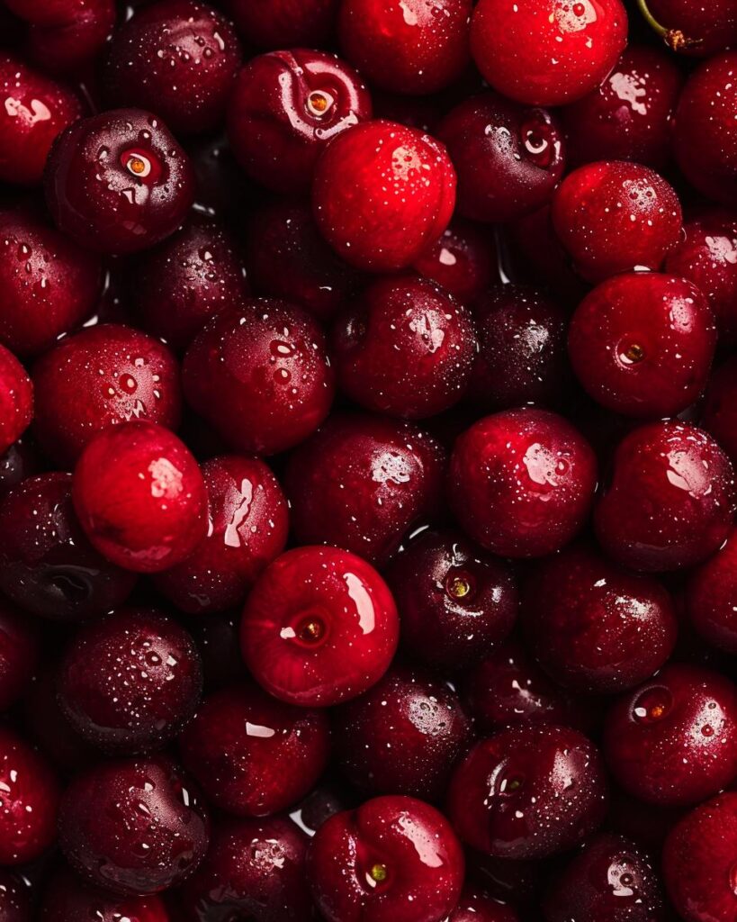 Person preparing cherry pie filling recipe with fresh cherries and ingredients on the counter.