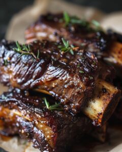 "Delicious beef short ribs recipe oven-cooked with essential ingredients displayed on the countertop."
