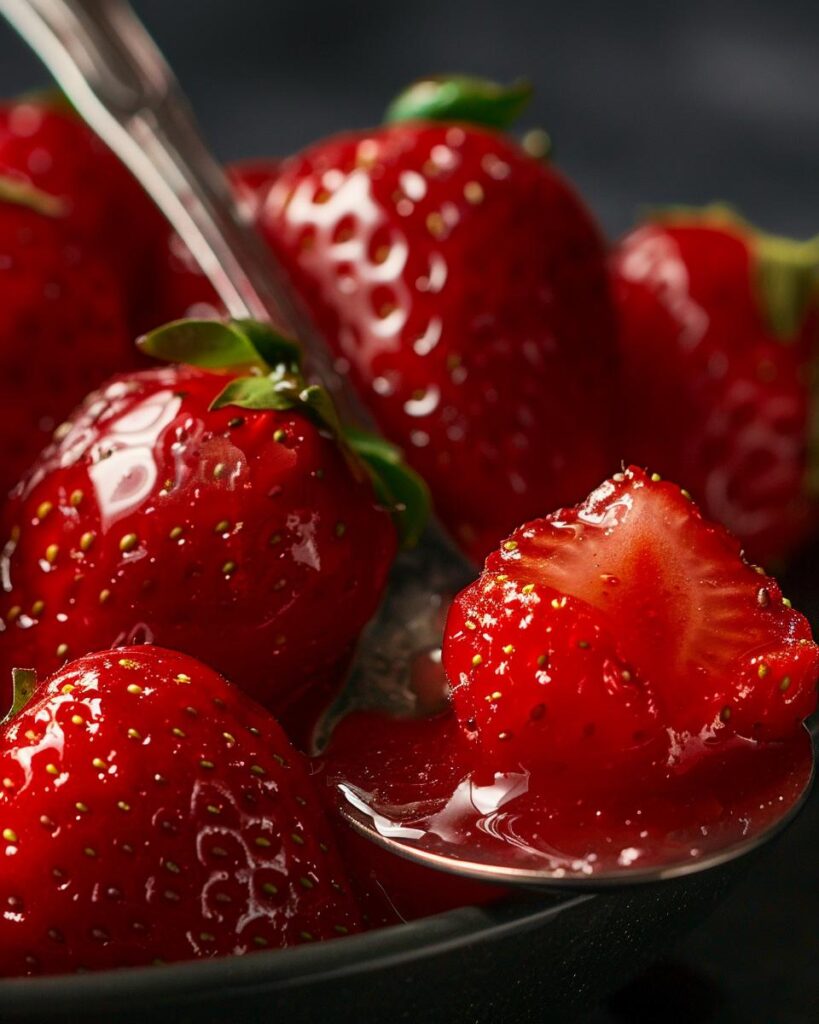 Person preparing strawberry sauce recipe with fresh strawberries and kitchen utensils on countertop.