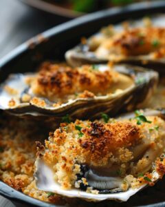 Homemade oyster dressing recipe ingredients; fresh oysters, breadcrumbs, and herbs in bowl.