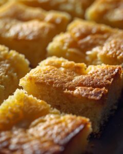 A slice of moist cornbread recipe on a wooden board with ingredients.