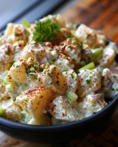 A delicious serving of McAlister's potato salad garnished with fresh herbs on a white plate.