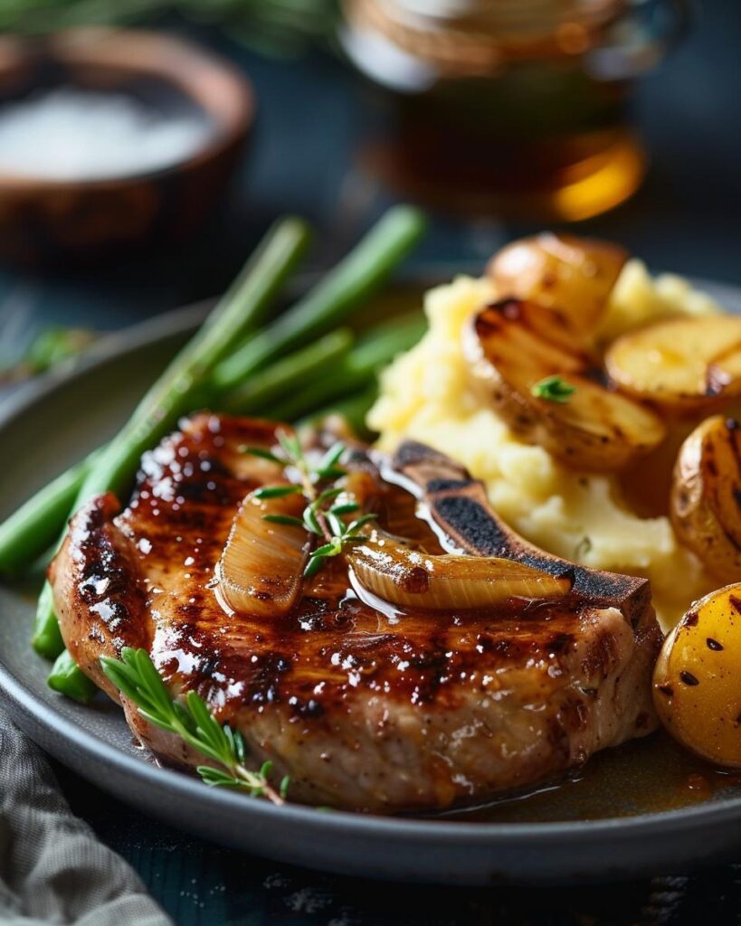 "Chef grilling Perry's pork chop recipe on a charcoal barbecue, summer outdoor cooking."