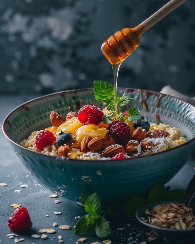 "Delicious microwave baked oatmeal in a white bowl with fresh berries on top."