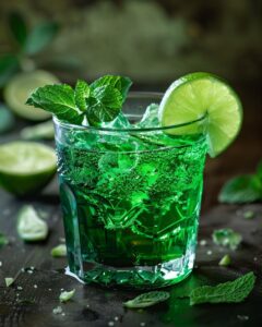 Alt text: "Tipsy leprechaun drink recipe with ingredients and difficulty level for making at home."