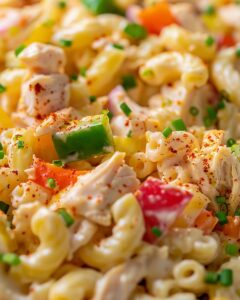 "Homemade chicken macaroni salad Filipino style with ingredients for an authentic recipe preparation."