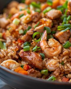 "Delicious subgum fried rice ready to serve on a plate with ingredients shown."