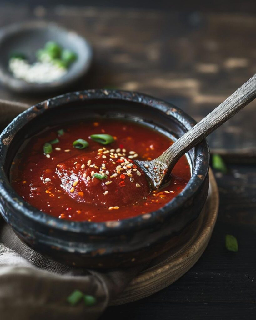 "Ingredients for homemade yangnyeom sauce displayed on a kitchen counter with recipe instructions."