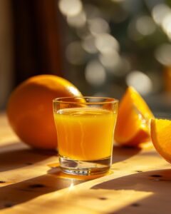 "A glass of refreshing orange tea shot with fresh oranges and a tea bag on a table."