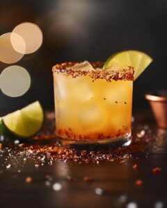 "Ingredients for chilis coconut margarita recipe on a wooden table with fresh limes and spices."