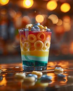 Alt text: Colorful fruit loop shot with cereal garnish in glass on white background.