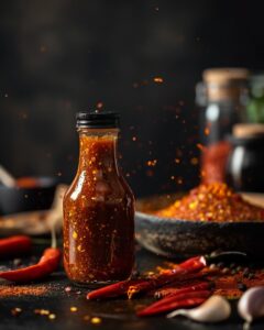 "Person preparing daves hot chicken sauce recipe with various ingredients on a kitchen counter."