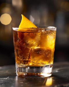 "Bartender mixing an Old Overholt cocktail with ingredients and bar tools in view."