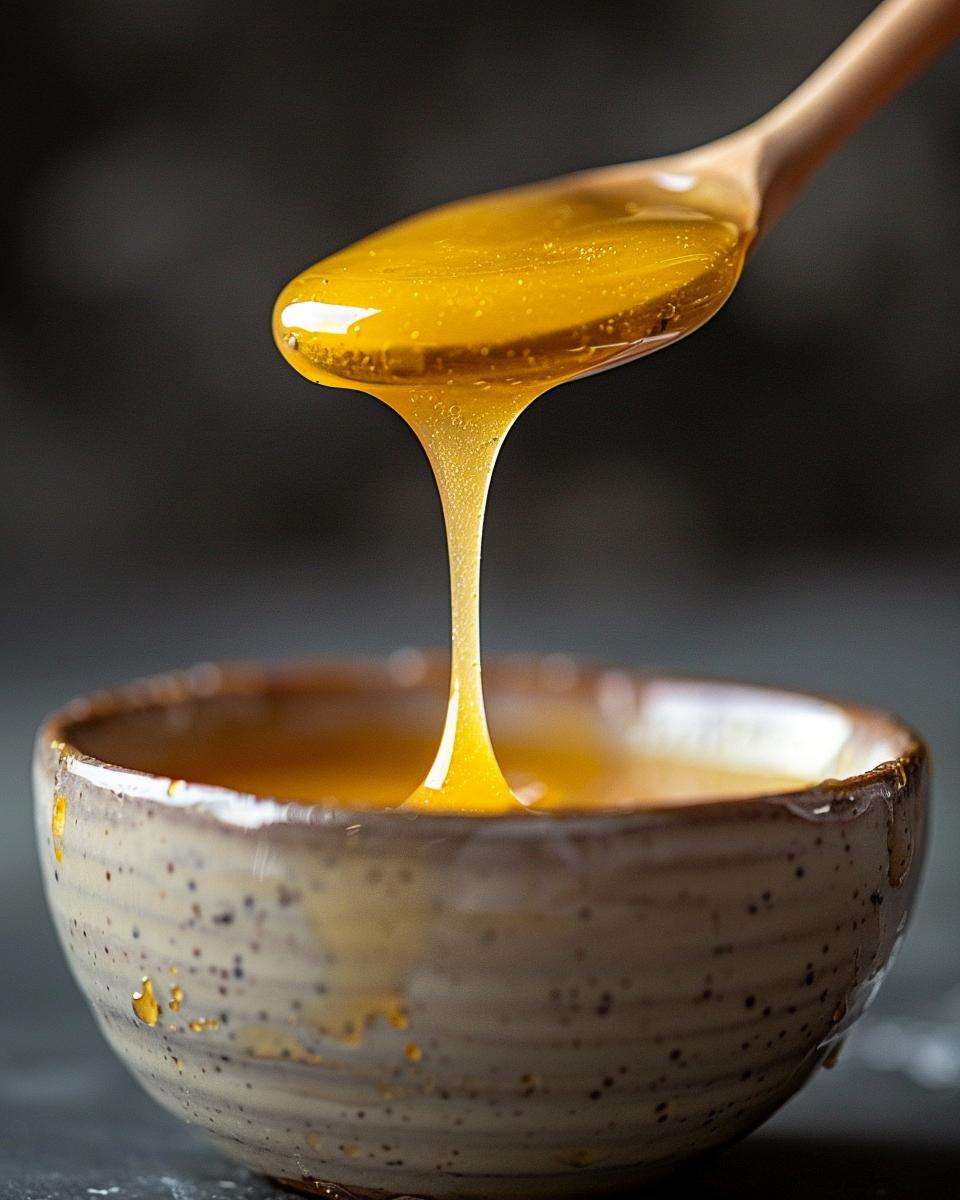 Person making hot honey mustard recipe with various ingredients on a kitchen counter