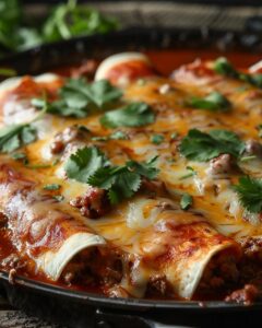 Homemade ground beef enchilada recipe with melted cheese and fresh cilantro topping.