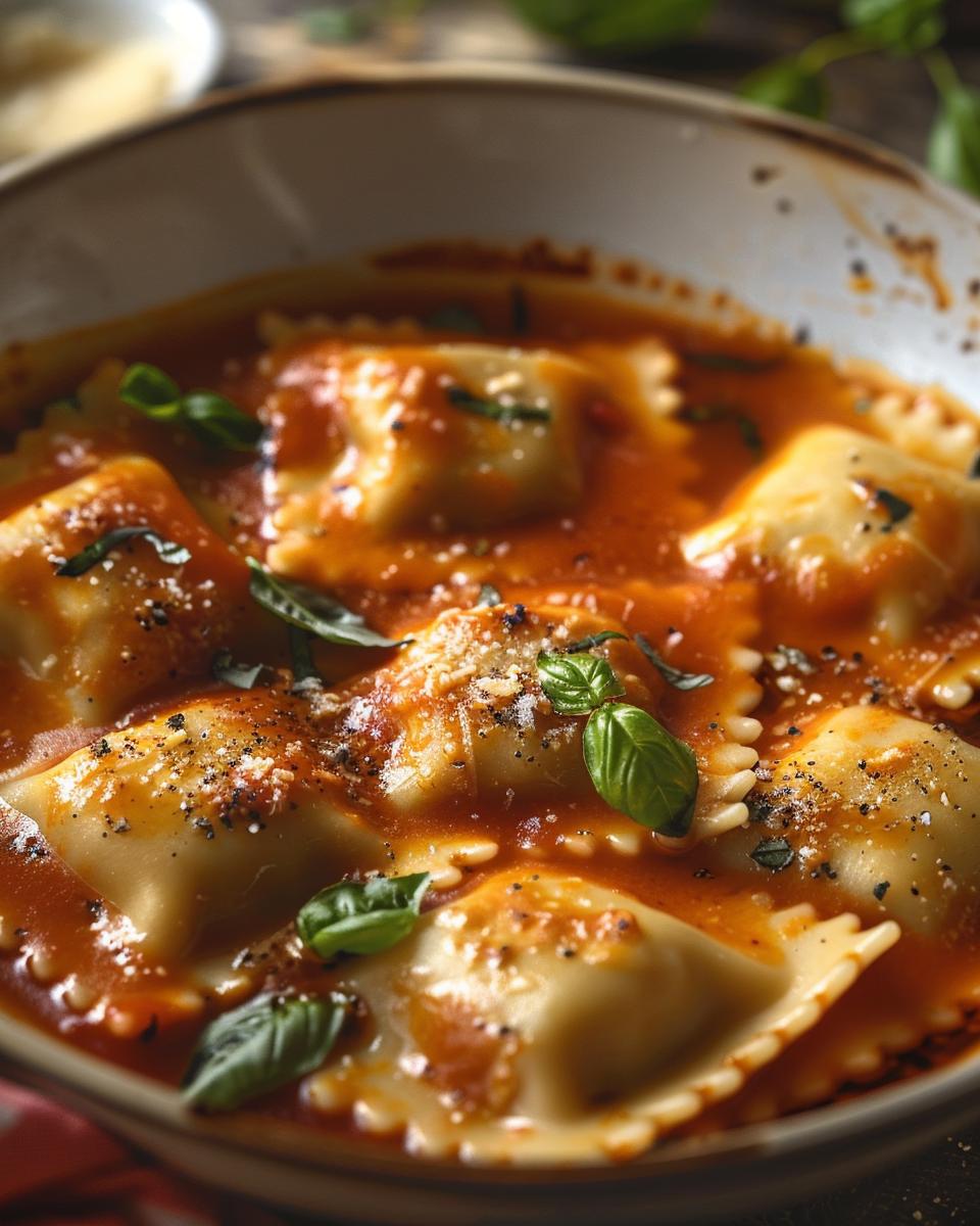 Homemade ravioli topped with a savory tomato basil ravioli sauce recipe.