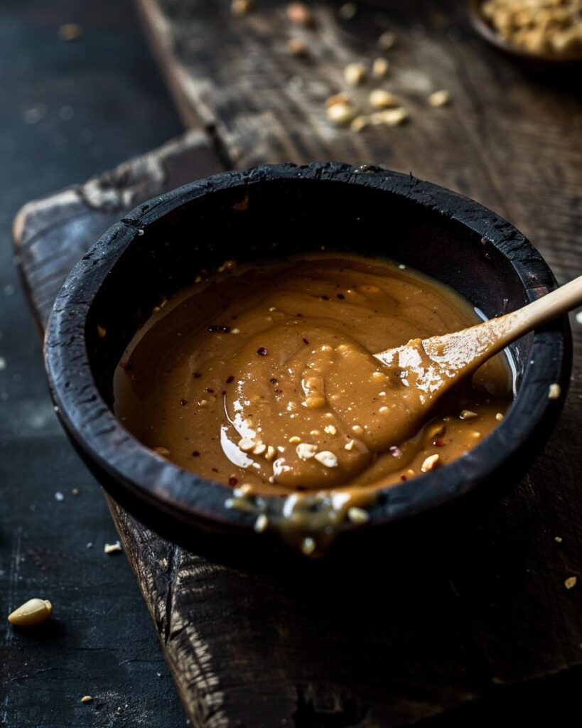 "Bowl of Vietnamese peanut sauce recipe with fresh cilantro garnish and chopsticks"