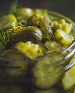 "Ingredients and instructions for an easy refrigerator dill pickle recipe laid out."