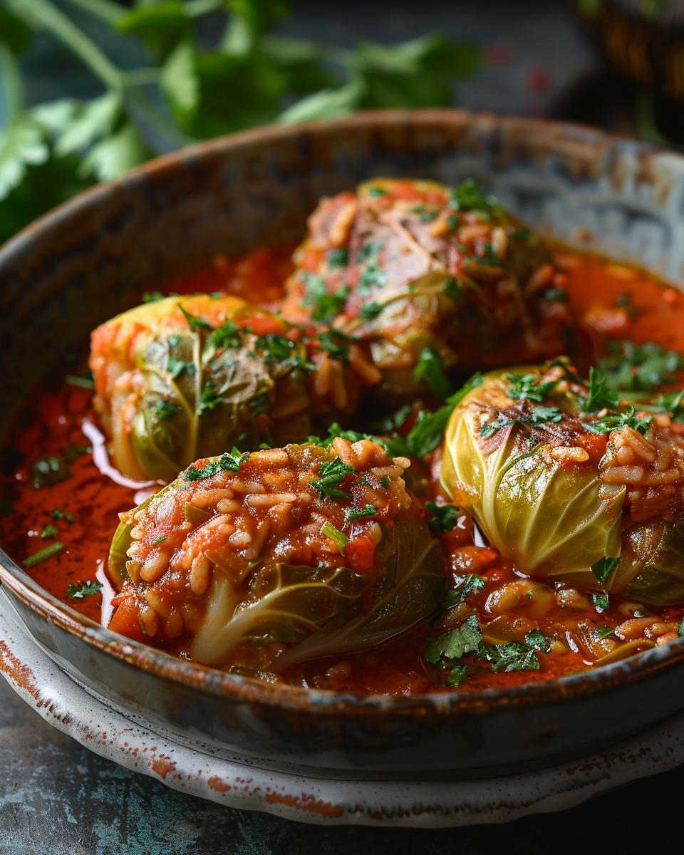 "Delicious recipe for stuffed cabbage with ingredients and preparation instructions in a kitchen setting."