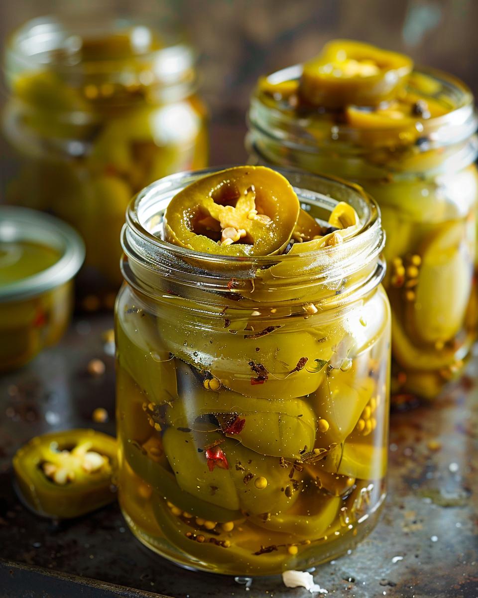 "Ingredients and tools for pickled banana peppers recipe displayed on a wooden countertop."