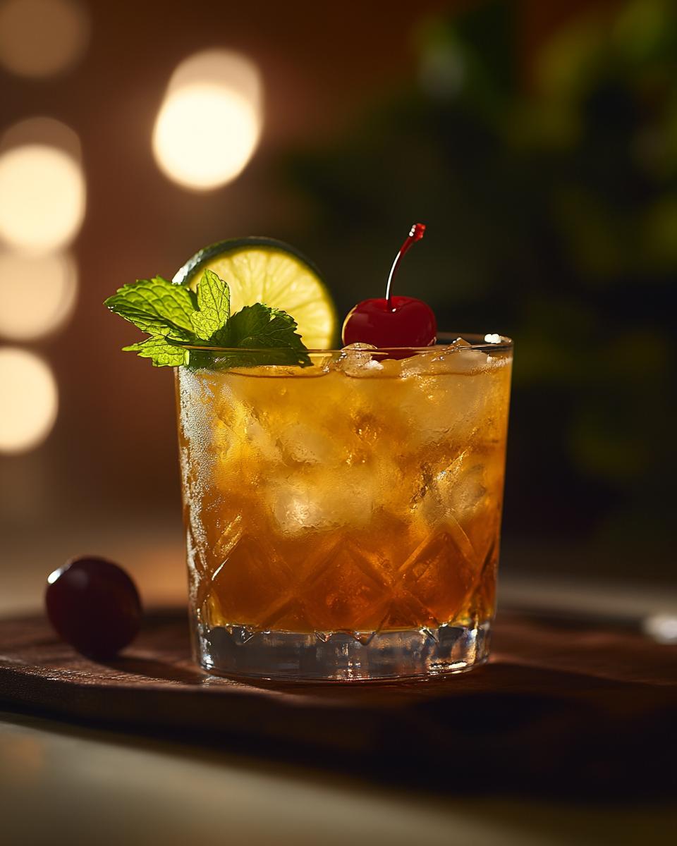 A refreshing glass of the best mai tai recipe garnished with fresh mint and lime.