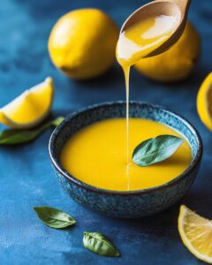 Homemade lemon sauce recipe with fresh lemons, sugar, and zest in a bowl.