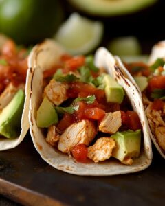 "Plate of the best chicken taco recipe with fresh toppings and lime slices."