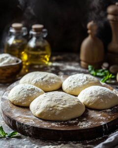 "Homemade 00 flour pizza dough recipe being prepared on a wooden surface in a kitchen."